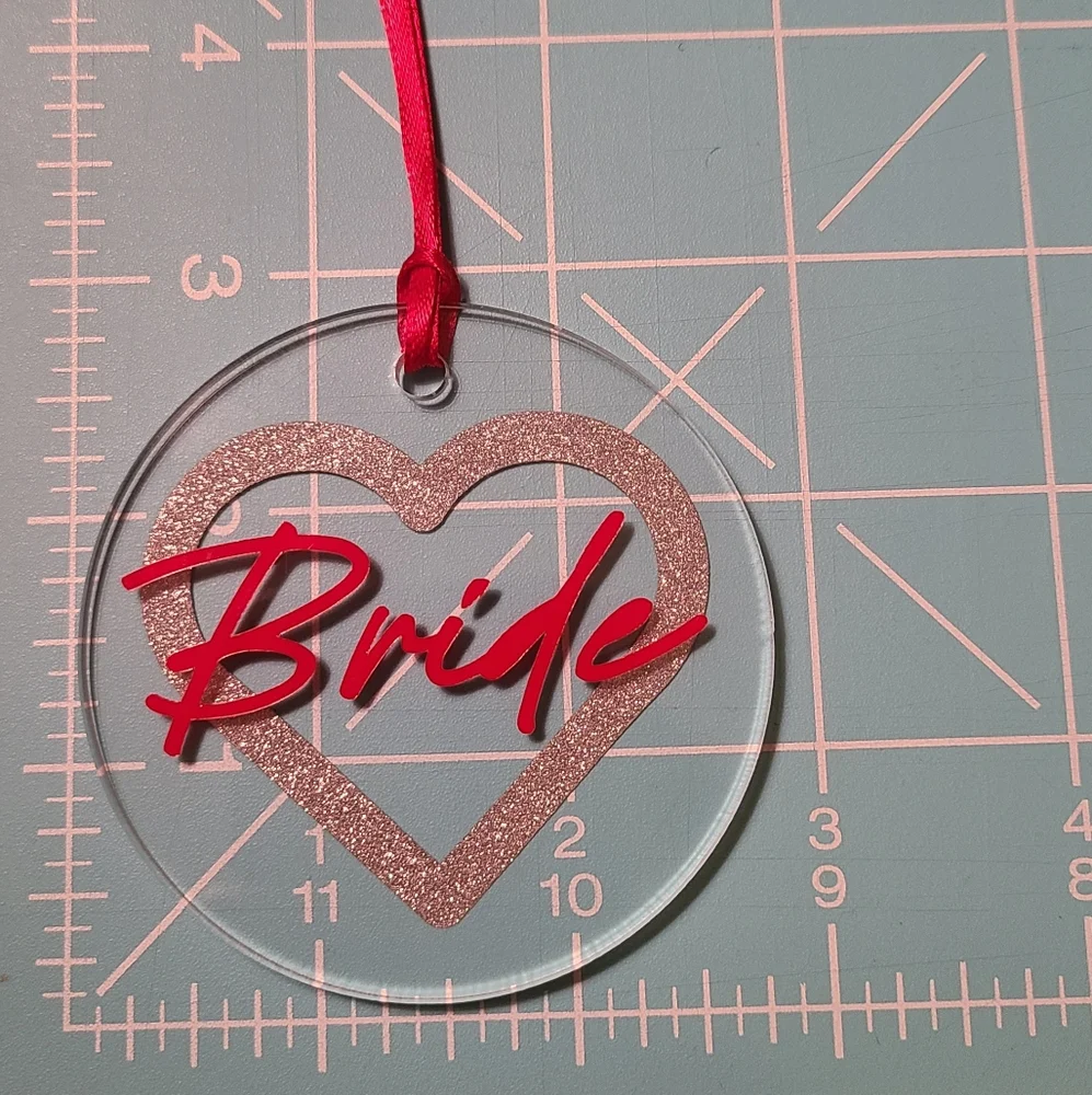 Bride Christmas ornament and matching Keychain set, red and silver glitter